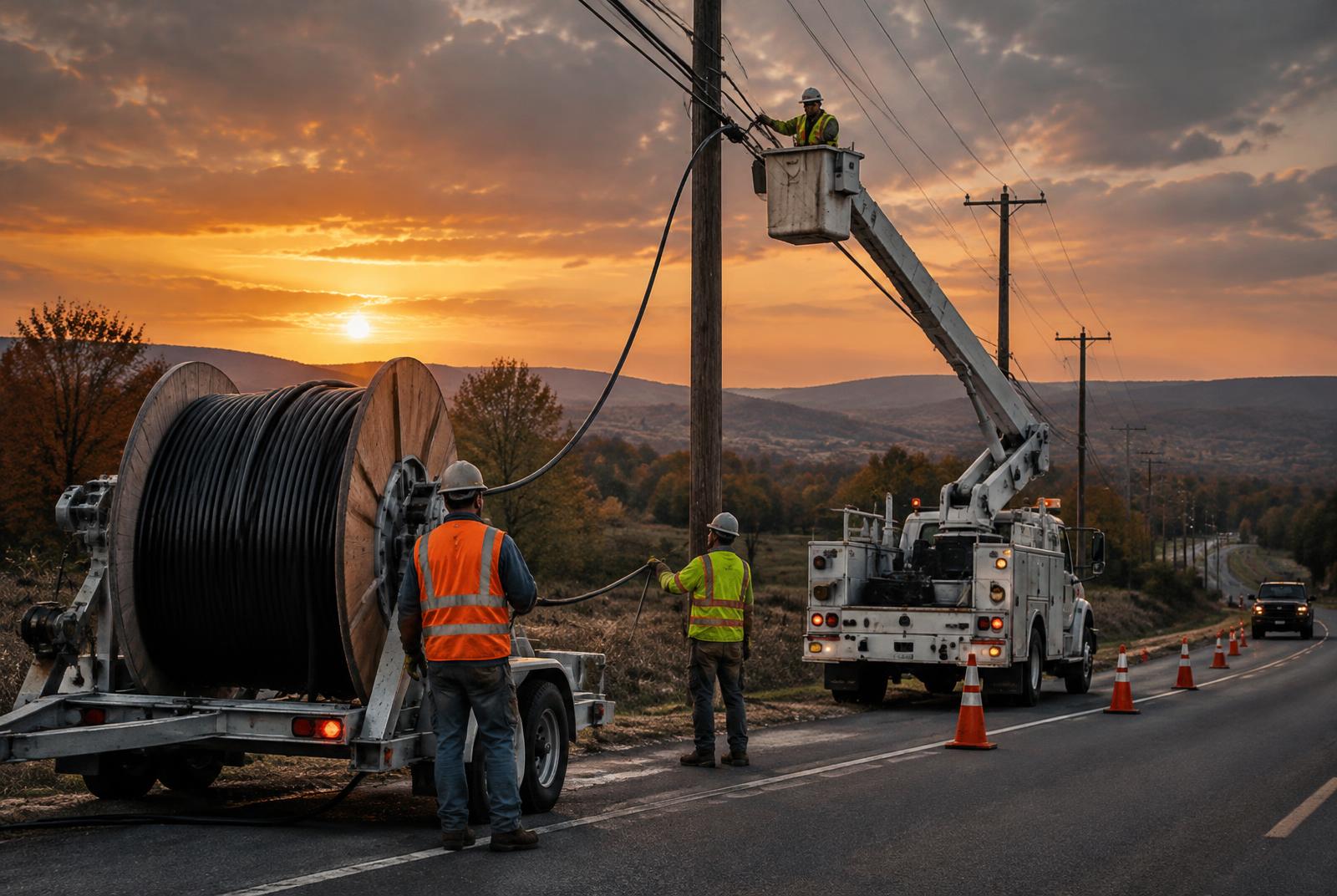 Aerial fiber crew placing cable from a roadside reel and bucket truck