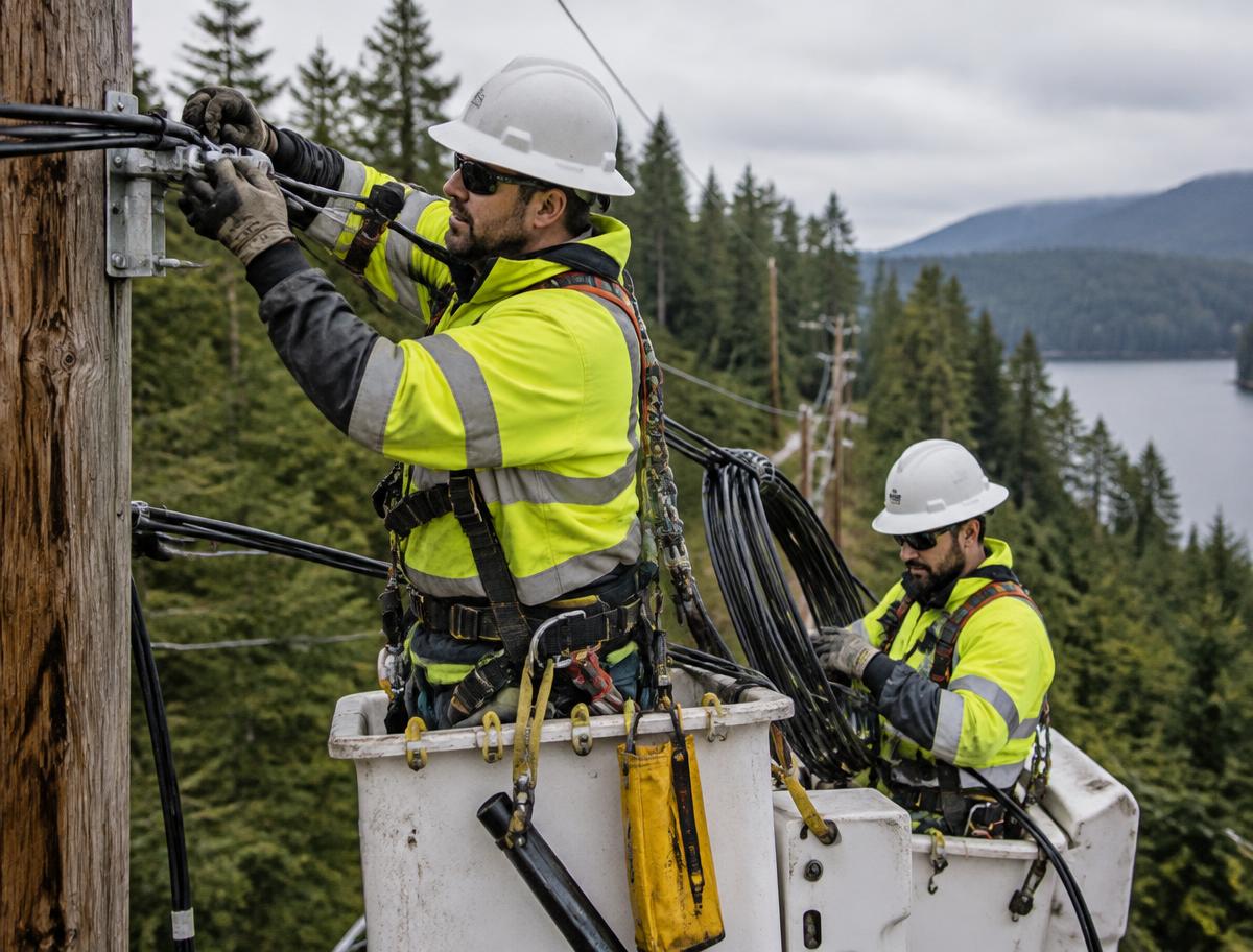 Technicians installing aerial fiber from bucket lifts