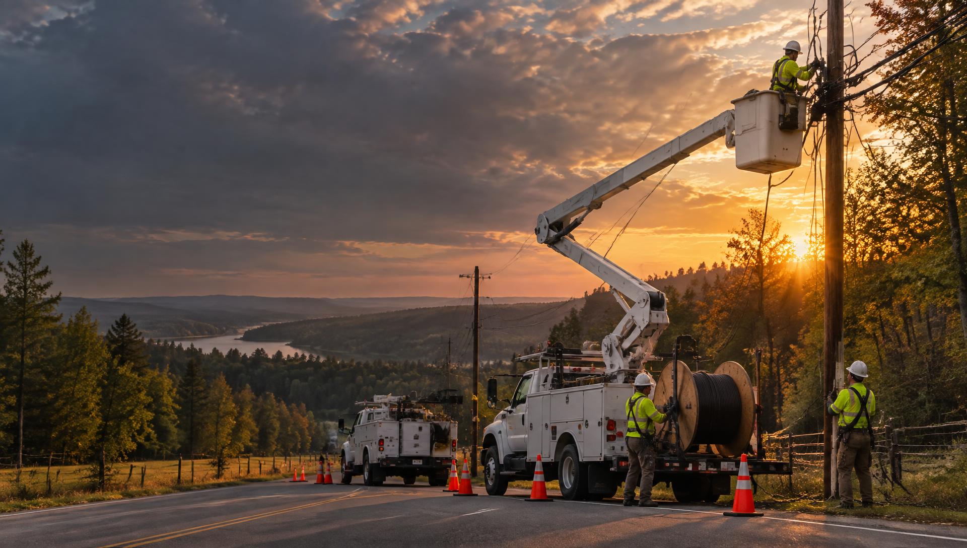 Aerial fiber crews operating bucket trucks along a utility corridor