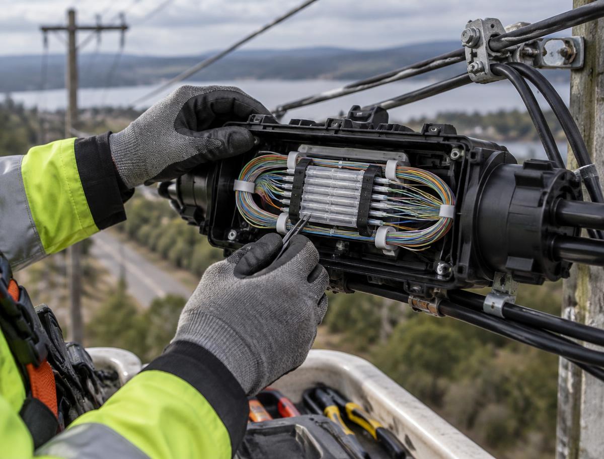 Technician completing detailed fiber connection work
