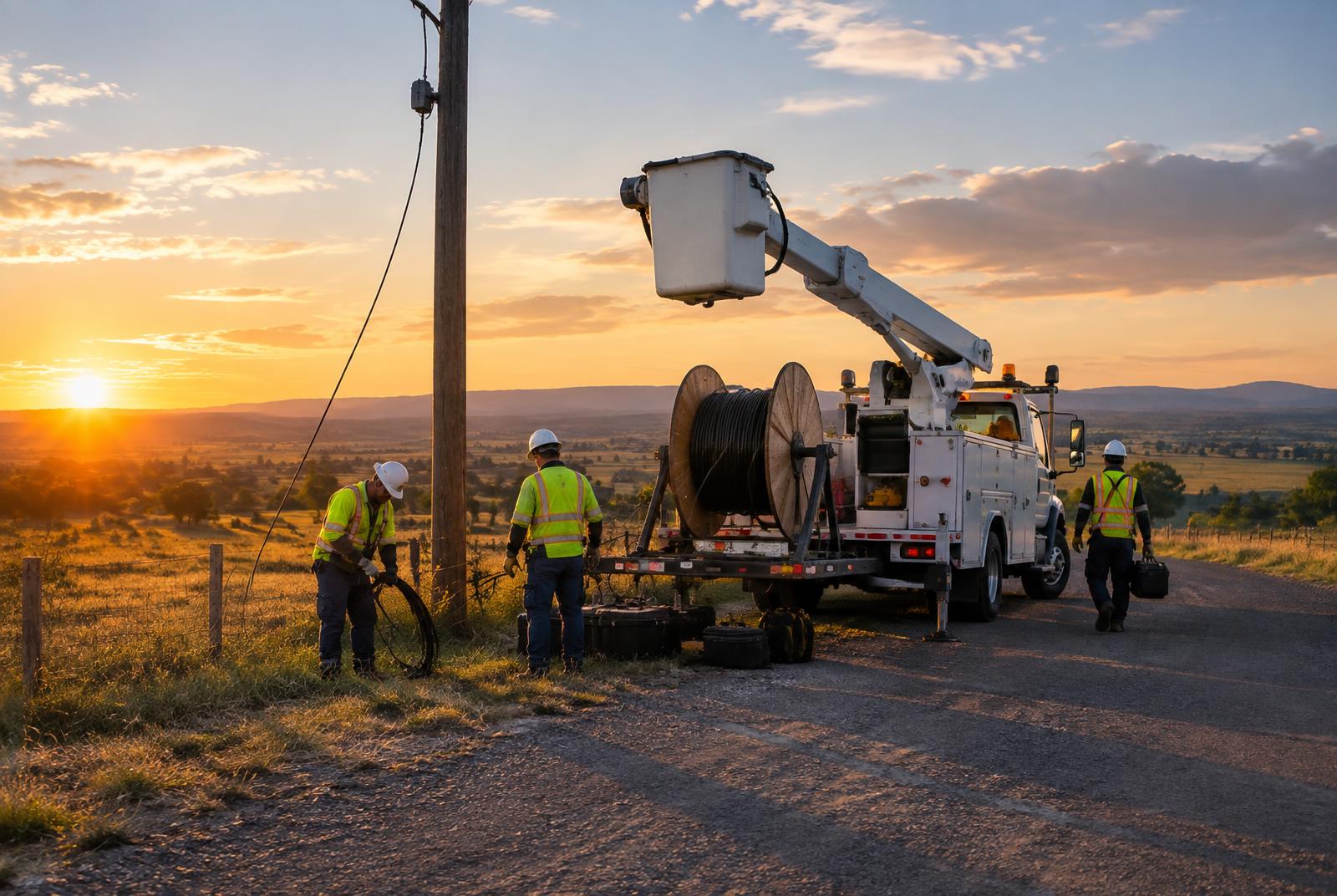Aerial fiber crew securing equipment after completing work along a utility route