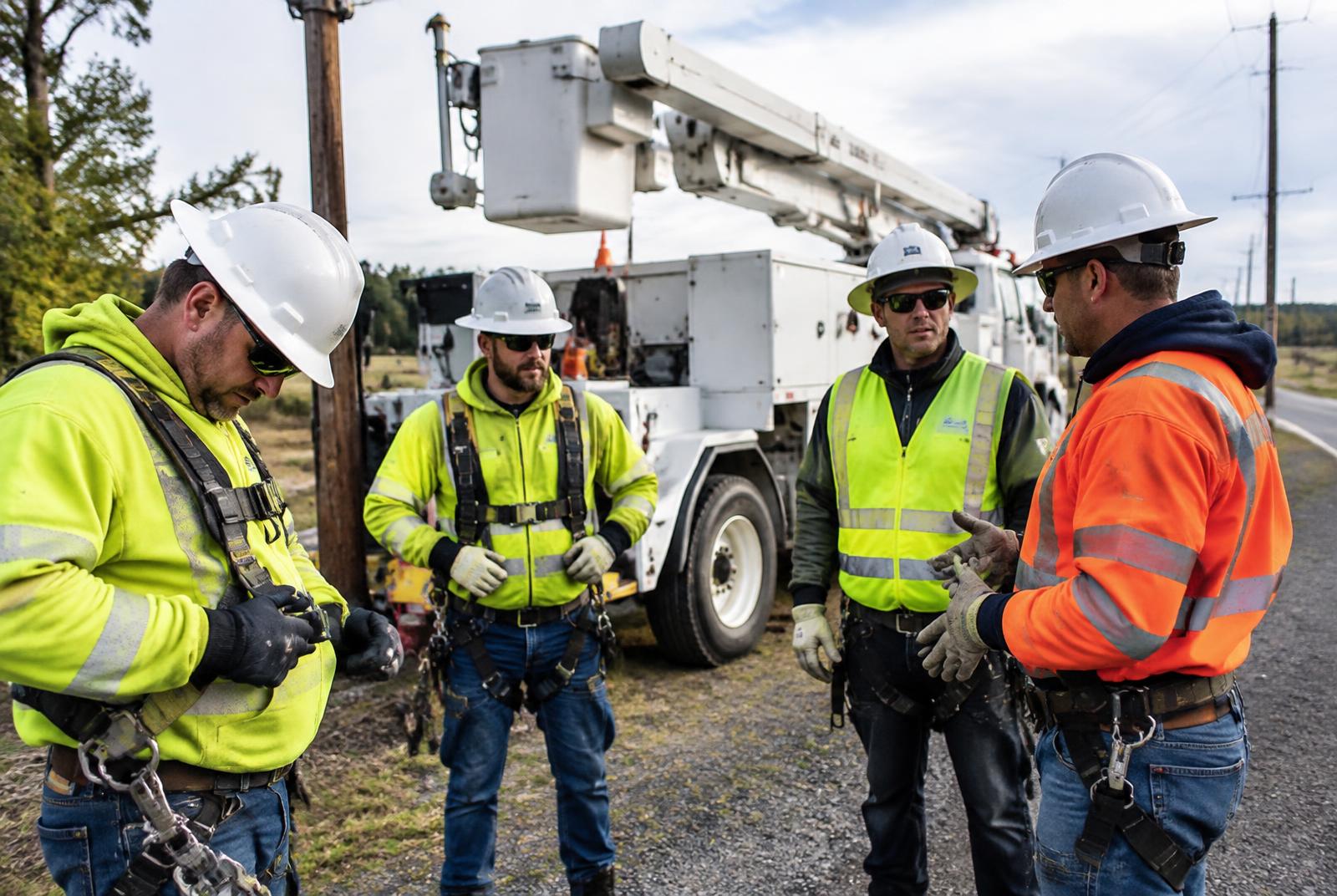 Field crew reviewing protective equipment beside a bucket truck before work